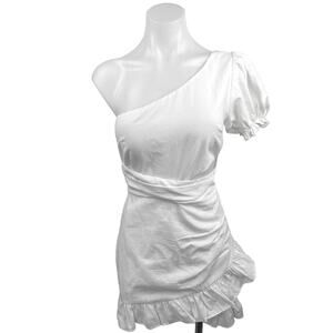 NEW Seven Wonders Emiline White One Shoulder Puff Sleeve Ruffle Mini Dress Sz 4
